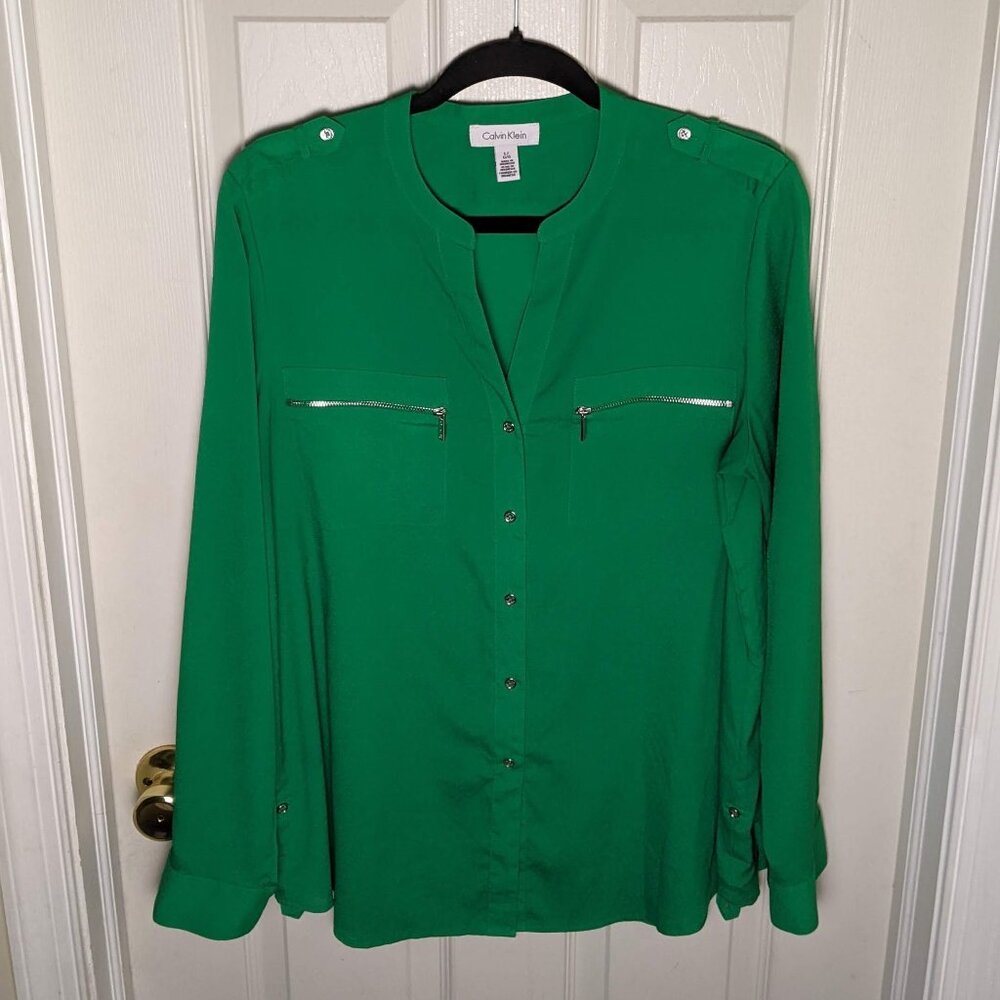 Calvin Klein Emerald Green Utility Blouse | Zip Pocket Roll Tab Sleeve Top Sz L